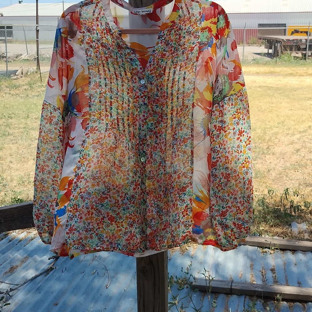 Hope Springs tuxedo front, long sleeve blouse large sheer fabric